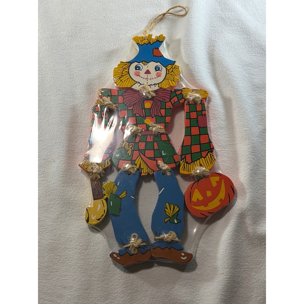 Vintage Wooden Articulated Scarecrow Wall Hanging Fall Decor Pumpkin 12.5" NOS